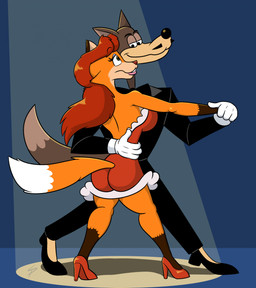 anthro arm_around_partner arm_around_waist bare_back bedroom_eyes big_breasts big_butt breasts brown_body brown_fur butt clothing dancing dress duo eye_contact facial_hair female footwear fur gloves green_eyes hair hand_holding handwear high_heels looking_at_another male male/female mustache narrowed_eyes orange_body orange_fur red_clothing red_dress red_hair seductive shoes side_boob smile smiling_at_another smiling_at_partner spotlight_beam suit_and_tie tail white_clothing white_gloves white_handwear sparkpad sheila_vixen wolf_(tex_avery) canid canine canis fox mammal red_fox true_fox wolf hi_res