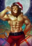 5_fingers abs anthro belt bottomwear brown_eyes brown_mane bulge chest_fur claws clothed clothing fingers hat headgear headwear holidays light male mane moon moonlight muscular muscular_anthro muscular_male navel obliques pants pecs pose smile smirk solo topless dalluwn christmas felid lion mammal pantherine pinup