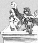 anthro boots breasts building cape cleavage clothed clothing duo female footwear hoodie mask rooftop shoes skimpy superhero topwear avencri spectra_(vivaredlight) war_wolf_(vivaredlight) canid canine canis felid mammal wolf 2012 black_and_white monochrome