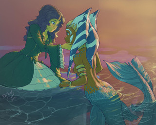 alternate_form alternate_species armlet breasts choker clothing duo eye_contact facial_markings female female/female fin fish_tail head_markings jewelry legless lekku_(anatomy) looking_at_another markings necklace partially_submerged romantic romantic_couple smile split_form tail tail_fin water raikoh-illust star_wars star_wars:_the_clone_wars ahsoka_tano barriss_offee alien aquatic humanoid merfolk togruta 2021
