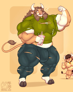 alternate_species animal_genitalia animal_penis anthro bell bell_collar biceps big_muscles bodily_fluids bottomwear brown_hair bulge clothing collar collar_only curved_horn detailed_bulge duo equine_genitalia equine_penis flexing flexing_bicep genitals gesture hair hand_gesture hooves horn huge_muscles lactating lactating_through_clothing male male_lactation muscle_tone muscular muscular_anthro muscular_male nude pecs penis shirt shorts size_difference solo_focus t-shirt tail tail_tuft thumbs_up topwear tuft wet wet_clothing wide_eyed hotdogsauau brutus_(hotdogsauau) bovid bovine cattle mammal 4:5 hi_res