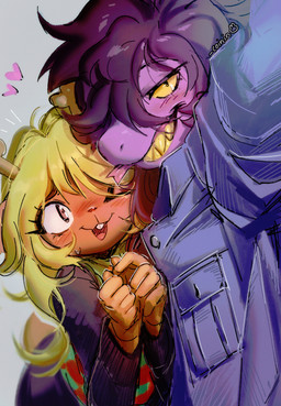 adolescent ambiguous_gender anthro antlers blonde_hair blush blush_lines brown_body brown_eyes buckteeth duo emanata eyebrows eyelashes fangs female female/female forked_tongue hair heart_symbol horn looking_at_viewer one_eye_closed one_eye_obstructed open_mouth purple_body purple_hair simple_background tail teeth tongue tongue_out toothy_grin yellow_sclera yellow_teeth young young_anthro young_female bunsidhe deltarune undertale_(series) noelle_holiday susie_(deltarune) cervine deer mammal scalie 2025 absurd_res hi_res signature female_(lore)