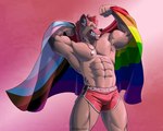 abs anthro biceps bottomwear bulge clothing dog_tags eyes_closed flag flag_(object) flexing hair holding_flag holding_object hotpants lgbt_pride male muscular muscular_anthro muscular_male navel pecs pink_background pink_hair pride_color_flag pride_colors print_bottomwear print_clothing print_shorts progress_pride_colors rainbow_flag rainbow_pride_colors rainbow_pride_flag rainbow_symbol shorts simple_background smile solo standing text text_on_bottomwear text_on_clothing text_on_hotpants text_on_shorts text_print transgender_pride_colors anjing_kampuss lgbt_pride_month pent_(anjing) hyena mammal spotted_hyena 2021 english_text hi_res url