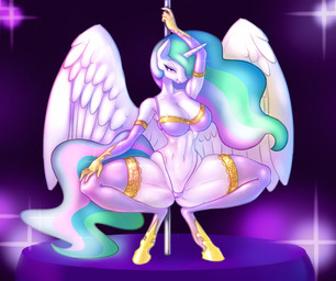 anthro anthrofied armwear big_breasts bra breasts camel_toe clothing crouching elbow_gloves exposure_variation feathered_wings feathers female front_view gloves hair hair_over_eye handwear horn legwear lens_flare long_hair looking_at_viewer multicolored_hair one_eye_obstructed pole purple_eyes simple_background smile solo spread_legs spreading stockings stripper_pole thigh_highs thong underwear wings sanfingulipunrapin friendship_is_magic hasbro my_little_pony mythology princess_celestia_(mlp) equid equine mammal mythological_creature mythological_equine winged_unicorn 2018 hi_res
