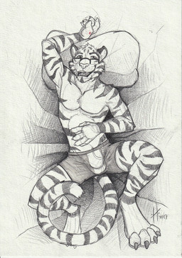 anthro athletic athletic_anthro athletic_male bedding bedding_background bulge cheek_tuft clothed clothing facial_tuft fangs front_view glistening glistening_eyes head_tuft looking_at_viewer lying male male_anthro markings on_back open_mouth open_smile pecs pillow smile solo striped_arms striped_legs striped_markings striped_tail stripes tail tail_markings teeth topless tuft hufnaar hufnaar_(character) felid mammal pantherine tiger 2017 absurd_res dated hi_res monochrome