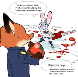 3_toes anthro beverage biped blush bodily_fluids brown_body brown_fur chainsaw claws clothed clothed_anthro clothed_female clothed_male clothing countershade_face countershading dialogue dipstick_ears duo ear_markings eyebrows feet female female_anthro finger_claws fingers food fruit fully_clothed fully_clothed_anthro fully_clothed_female fur grey_body grey_fur holding_chainsaw holding_object holding_power_tool holding_tool iris juice_(beverage) long_ears male male_anthro multicolored_body multicolored_ears multicolored_fur name_in_dialogue orange_body orange_fur philtrum pink_inner_ear plant power_tool pupils purple_eyes simple_background snout speech_bubble sweat sweatdrop talking_to_another tan_body tan_fur text toes tomato tomato_juice tongue tongue_out tools translucent translucent_clothing white_background butterfish8199 disney zootopia judy_hopps nick_wilde canid canine european_rabbit fox lagomorph leporid mammal oryctolagus rabbit red_fox true_fox english_text hi_res