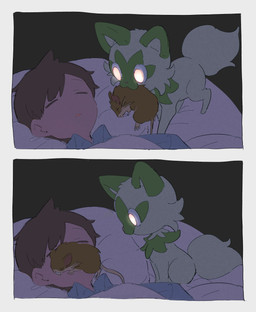 2_panel_comic ambiguous_gender bed bedroom biped brown_hair carrying_another corpse death eyes_closed feral fluffy fluffy_tail fur furniture glowing glowing_eyes green_body green_fur group hair inside looking_at_another male pillow quadruped short_hair size_difference sleeping snout snuff tail tan_body tan_skin trio under_covers x_eyes bin_aham nintendo pokemon florian_(pokemon) felid feline generation_1_pokemon generation_9_pokemon human mammal pokemon_(species) raticate rodent sprigatito 2026 absurd_res comic digital_drawing_(artwork) digital_media_(artwork) hi_res