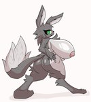 anthro big_breasts big_butt breasts butt female fluffy fluffy_tail green_eyes grey_body huge_breasts huge_butt rear_view simple_background solo tail kifirelava yeimi_yanmegar canid canine fox hybrid lagomorph leporid mammal rabbit absurd_res hi_res