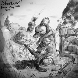 anthro armor brick brick_wall cape clothing damaged_armor female flower holding_flower holding_object knight plant plate_armor robe sitting_on_grass solo wall_(structure) warrior starlithe stella_starlight_(starlithe) canid canine fox mammal 1:1 2026 dated monochrome sketch
