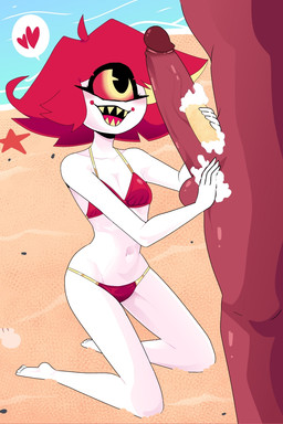 1_eye 5_toes balls beach bikini cleaning_cock clothing duo feet female fingers genitals hair heart_symbol kneeling male not_furry open_mouth penis pink_sclera red_balls red_body red_hair red_penis red_skin sharp_teeth swimwear teeth toes two-piece_swimsuit yellow_eyes carliabot hazbin_hotel hellaverse niffty_(hazbin_hotel) cyclops demon humanoid 2025 2:3 hi_res