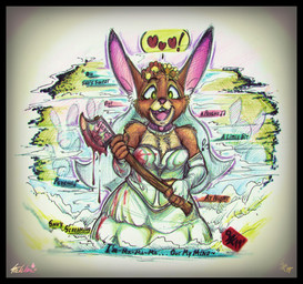 anthro axe big_ears black_border blood bodily_fluids border breasts brown_body brown_fur clothing collar dialogue dress exclamation_point female flower fur green_eyes hair heart_symbol humor melee_weapon open_mouth pink_nose plant smile solo teeth text tongue weapon white_body white_fur marumytami stories_of_the_few caramel/bianchi_(marumytami) lagomorph leporid mammal rabbit 2019 english_text traditional_media_(artwork)