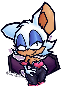 anthro armwear bat_wings big_ears black_nose blue_eyeshadow breasts cleavage clothed clothing eyelashes eyeshadow fangs female fingers fur gloves handwear heart_clothing heart_symbol makeup membrane_(anatomy) membranous_wings simple_background smile solo teeth thick_thighs white_body white_clothing white_fur white_gloves white_handwear wings smellslikebuter sega sonic_the_hedgehog_(series) rouge_the_bat bat mammal absurd_res digital_media_(artwork) hi_res