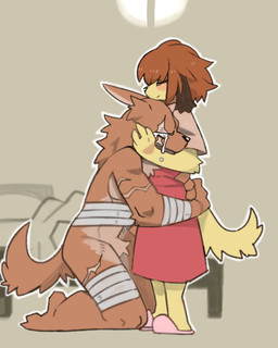 anthro arm_scar bandage bandaged_arm bandaged_chest bandaged_leg biped bodily_fluids brown_body brown_fur brown_hair clothed clothed_anthro clothed_female clothing comforting crying dog_tail dress duo facial_scar female floppy_ears footwear fully_clothed fully_clothed_anthro fully_clothed_female fur hair hug hugging_another kneeling larger_anthro larger_male leg_scar lop_ears male muscular muscular_anthro muscular_male nude nude_anthro nude_male outline plantigrade scar shoes side_view simple_background size_difference slim slim_anthro slim_female slippers smaller_anthro smaller_female tan_background tan_body tan_fur tears tears_of_joy white_outline pizademokttero canid canine canis domestic_dog mammal wolf 2023 4:5 absurd_res digital_drawing_(artwork) digital_media_(artwork) hi_res shaded soft_shading