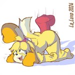 1:1 ambiguous_penetration animal_crossing anthro bent_over canid canine canis disembodied_penis domestic_dog female fur genitals hi_res humanoid_genitalia humanoid_penis isabelle_(animal_crossing) la_luxo male mammal monotone_background nintendo on_ground penetration penis simple_background solo watermark white_background white_body white_fur yellow_body yellow_fur