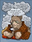 2021 ambiguous_gender anthro anxiety apple_inc. bedding blanket blue_background bodily_fluids brown_body brown_fur crying cushion dialogue english_text fur green_eyes ipad mammal nude o-kemono simple_background solo tan_body tan_fur tears text thought_bubble unknown_species url