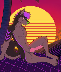abs anthro athletic athletic_anthro athletic_male balls black_body black_fur curled_tail erection fur genitals green_eyes green_nose grey_body grey_fur hair heterochromia knot knotted_penis leaning leaning_backward looking_at_viewer male nude pawpads paws penis purple_body purple_eyes purple_fur purple_hair relaxed_expression sitting sitting_on_ground slim smile solo spread_legs spreading sunset synthwave tail arccedan lathiroz drakonal canid canine canis domestic_dog humanoid husky hybrid mammal nordic_sled_dog spitz wolf wolfdog absurd_res hi_res