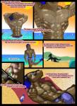 abs anthro athletic beach biceps bottomwear clothed clothing comic dragon english_text eyewear flexing green_eyes hi_res inner_monologue leiks lying male muscular mythological_creature mythological_scalie mythology never_miss_a_sunrise on_back outside partially_submerged pecs profanity rastaban_coal rastaban_coal_(character) sand scalie scar seaside shorts silhouette sunglasses swimwear tail text topless vein water wet