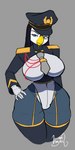 anthro black_hair blue_eyes bodysuit chevron_(marking) clothing dark_hair eyewear female garter_straps hair hat headgear headwear legwear leotard markings military military_uniform monocle necktie peaked_cap skinsuit solo thigh_highs tight_clothing uniform wayesh kage_(famwammer) avian bird penguin absurd_res hi_res