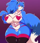2020 absurd_res alternate_hairstyle anthro big_breasts blue_body blue_fur blue_hair blue_tail bra breasts canid canine clothed clothing crotchless_clothing crotchless_panties crotchless_underwear curvy_figure dipstick_tail eye_patch eyewear female fox fur genitals hair hairstyle_change heart_clothing heart_eye_patch heart_lingerie heart_symbol hi_res lazuli_(doggod.va) legwear lingerie long_hair mammal markings multicolored_body multicolored_fur multicolored_tail nipple_outline panties partially_clothed pink_eyes pose pussy shinyillusionz short_snout small_waist smile snout solo squish tail tail_markings thick_thighs thigh_highs thigh_squish two_tone_body two_tone_fur two_tone_tail underwear vibershot voluptuous white_body white_fur white_tail wide_hips yellow_eyes