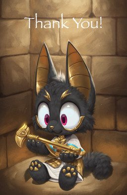 ankh black_body black_fur claws clothed clothing collar egyptian fully_clothed fur holding_object looking_at_object male pawpads pink_eyes smile solo staff text yellow_body silverfox5213 egyptian_mythology middle_eastern_mythology mythology anubis anubian_jackal canid canine canis deity jackal mammal 2025 english_text hi_res