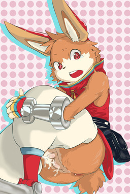 adolescent anthro anus balls bodily_fluids clothing cum genital_fluids genitals looking_at_viewer male pattern_background penis red_eyes shota simple_background solo tears young young_anthro young_male kurokiriririri lagomorph leporid mammal rabbit 2009 hi_res