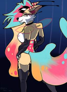 anthro breasts butt female female_anthro fur hair lamp lava_lamp looking_back multicolored_body multicolored_fur multicolored_hair multicolored_tail nude nude_anthro nude_female rear_view solo suggestive tail spicyharu hellaverse helluva_boss queen_bee-lzebub_(helluva_boss) arthropod bee canid canine canis fox hymenopteran insect mammal wolf 2024 dated hi_res portrait three-quarter_portrait