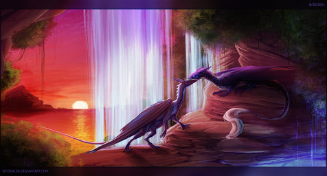 ambiguous/ambiguous ambiguous_gender detailed_background duo feral membrane_(anatomy) membranous_wings romantic romantic_ambiance romantic_couple sky sun sunset tail text water waterfall wings skysealer mythology byzil dragon mythological_creature mythological_scalie scalie 2011 hi_res url