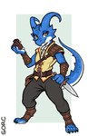 anthro arm_guards belt blue_body dagger male melee_weapon pouch_(anatomy) pouch_purse satchel shoulder_guard simple_background solo weapon yellow_eyes sorc kobold scalie