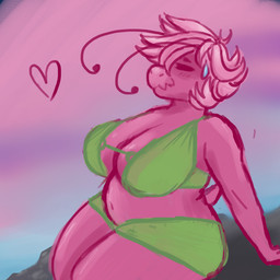 anthro beach belly bikini bodily_fluids breasts clothing female food fruit navel plant seaside slightly_chubby solo strawberry sunset sweat swimwear two-piece_swimsuit milkyaster arthropod beetle insect 1:1