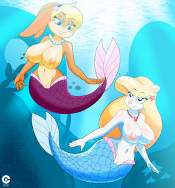 anthro areola big_breasts blonde_hair blue_eyes blush body_blush breast_blush breasts buckteeth duo female fur genitals hair innie_vulva jewelry navel necklace nipples orange_body orange_fur pink_areola pink_nipples pink_nose ponytail_ears sea split_form teeth vulva water white_body white_fur cranebear animaniacs looney_tunes warner_brothers lola_bunny minerva_mink aquatic lagomorph leporid mammal merfolk mink mustelid musteline rabbit true_musteline absurd_res hi_res