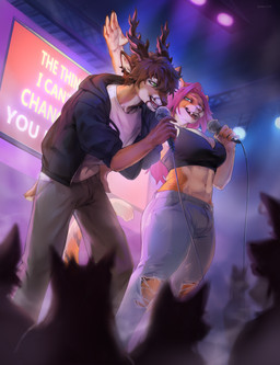 anthro antlers biped bottomwear breasts claws clothed clothed_anthro clothed_gynomorph clothed_intersex clothed_male clothing countershade_torso countershading duo fingers front_view fully_clothed fully_clothed_anthro fully_clothed_gynomorph fully_clothed_intersex fully_clothed_male fur gynomorph hair horn inside intersex male navel smile standing tail teeth tongue topwear hudojishe deer felid mammal pantherine tiger 2026 digital_drawing_(artwork) digital_media_(artwork) hi_res