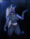 anthro arm_wraps aura beckoning belt biped blue_body blue_eyes blue_fur blue_nose bottomwear breasts clothed clothing collar denim denim_bottomwear denim_clothing ear_piercing female fist fur gesture hair hand_wraps industrial_piercing jeans navel panties pants piercing ponytail shirt simple_background solo standing topwear underwear white_hair wraps krinkels cyera canid canine canis fox hybrid mammal wolf signature