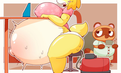 air_compressor air_inflation anthro belly belly_expansion big_belly big_breasts big_butt big_nipples black_eyes blush bodily_fluids border bottomwear breasts brown_body brown_ears brown_nose brown_tail butt chair clothing container cup desk duo expansion female furniture green_clothing green_shirt green_topwear grey_bottomwear grey_clothing grey_shorts holding_object holding_plate hose hose_in_butt hose_inflation huge_belly huge_breasts huge_nipples hyper hyper_belly hyper_inflation inflation inside looking_at_another male motion_lines mug multicolored_body navel nipple_outline nipples open_mouth open_smile outie_navel pink_clothing pink_inner_ear pink_mouth pink_shirt pink_topwear plate shirt shorts sitting smile sweat sweatdrop swelling table tail tan_body teeth thick_thighs tight_clothing topwear two_tone_body white_border white_bottomwear white_clothing white_shorts yellow_body yellow_ears yellow_tail hage animal_crossing nintendo isabelle_(animal_crossing) tom_nook_(animal_crossing) canid canine canis domestic_dog mammal raccoon_dog shih_tzu tanuki toy_dog 2026 cel_shading colored digital_media_(artwork) hi_res japanese_description shaded