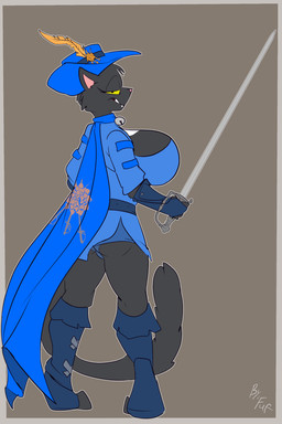 anthro bell_accessory big_breasts biped black_body black_clothing black_eyes black_fur black_gloves black_handwear blue_boots blue_cape blue_clothing blue_footwear blue_hat blue_headwear blue_shirt blue_topwear boots breasts butt cape cheek_tuft cleavage_cutout clothed clothing cutout digitigrade facial_tuft female footwear fur gloves grin half-closed_eyes handwear hat hat_feather headgear headwear holding_melee_weapon holding_object holding_rapier holding_sword holding_weapon huge_breasts looking_at_viewer looking_back looking_back_at_viewer loose_feather melee_weapon narrowed_eyes pink_nose rapier shirt shoes side_view simple_background smile solo sword topwear tuft weapon yellow_sclera fuf domestic_cat felid feline felis mammal 2018 2:3 hi_res