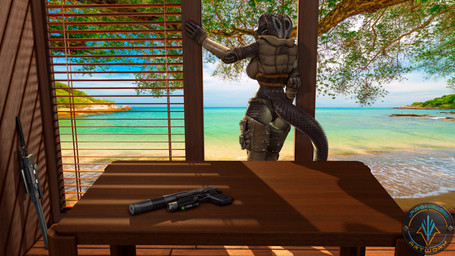 5_fingers anthro armor armwear beach big_breasts breasts brown_body brown_scales butt clothed clothed_anthro clothed_female clothing cybernetic_face cybernetics female fingers furniture gear gun handgun inside island jacket leaning_on_wall legwear machine melee_weapon multicolored_body nature outside panties pistol plant ranged_weapon rear_view scales sea solo standing sword table tail topwear tree underwear water weapon white_body white_skin xpasha122x petruz_(modeler) sab_(petruz) cobra reptile scalie snake 16:9 3d_(artwork) 4k absurd_res digital_media_(artwork) hi_res widescreen