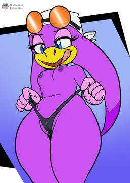 breasts clothed clothing clothing_pull curvy_figure eyewear eyewear_on_head female headwrap low-angle_view medium_breasts navel nipples non-mammal_breasts non-mammal_navel non-mammal_nipples purple_body simple_background solo sunglasses sunglasses_on_head thick_thighs thong thong_only thong_pull topless underwear underwear_only underwear_pull wide_hips fourssss sega sonic_riders sonic_the_hedgehog_(series) wave_the_swallow avian bird hirundinid oscine passerine swallow_(bird) 2025 digital_drawing_(artwork) digital_media_(artwork) hi_res signature