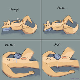 anthro balls bodily_fluids cum cumshot dialogue ejaculating_on_self ejaculation erection genital_fluids genitals humanoid_genitalia humanoid_penis lying male masturbation nude on_back penile penile_masturbation penis profanity solo stained_bed_sheet tail text ravalska rav_alska 1:1 absurd_res comic english_text hi_res