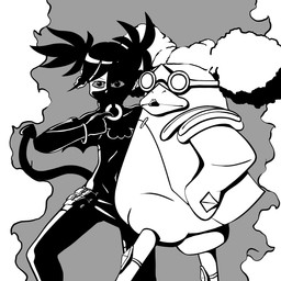 ambiguous_gender anthro black_hair bloodshot_eyes bottomwear clothing cosplay crossover_cosplay duo ear_piercing ear_ring eyebrows eyewear female glasses hair humor jojo_pose lipstick makeup obscured_face piercing ring_piercing skirt standing tail wearing_glasses half_dime disgaea golden_wind jojo's_bizarre_adventure nippon_ichi_software bazz_(concord) etna_(disgaea) human mammal prinny 1:1 animated crossover hi_res meme