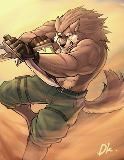 abs anthro biceps bottomwear brass_knuckles clothing eye_patch eyewear knife male melee_weapon military muscular muscular_anthro muscular_male red_eyes scar shorts solo tail warrior weapon drks canid canine canis mammal wolf hi_res