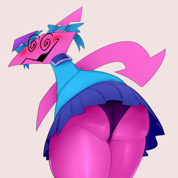 armless arrow_(anatomy) big_butt blue_clothing blue_shirt blue_topwear blush bottomwear butt cheeky_panties clothed clothing female grey_background not_furry open_mouth panties panty_shot pink_body shirt simple_background skirt solo thick_thighs topwear underwear upskirt unknown_artist deltarune undertale_(series) darkner virovirokun 1:1 2021 digital_media_(artwork)