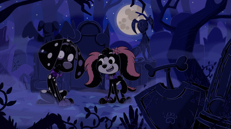 black_body black_fur black_nose cemetery female feral fluffy_ears fur grey_nose male moon night pawpads pink_body pink_fur purple_pawpads spots toony white_body white_fur white_spots barbouille_pierre 101_dalmatian_street 101_dalmatians disney dante_(101_dalmatians) elvira_(cartooncross) fan_character canid canine canis dalmatian domestic_dog mammal mixed_breed absurd_res hi_res
