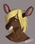 ambiguous_gender anthro blonde_eyebrows blonde_hair brown_body brown_fur brown_nose dipstick_ears ear_markings eyebrows fur green_eyes grey_background hair horn looking_at_viewer multicolored_body multicolored_ears multicolored_fur potrait simple_background solo tan_horn teeth adeloo deer mammal hi_res