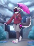 anthro blurred_background bottomless clothed clothing machine male pawpads raining solo sweater sweater_only topwear topwear_only umbrella fleurfurr protogen hi_res