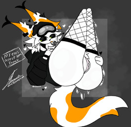 anthro beanie big_butt butt cigarette clothing eyewear eyewear_on_head female footwear fur genitals goggles goggles_on_head hat headgear headwear smoking smoking_cigarette socks solo sweater text thick_thighs topwear vaginal vulva white_body white_fur wide_hips voidlyvessel emma_(katzevrywhere) calico_cat domestic_cat felid feline felis mammal absurd_res hi_res