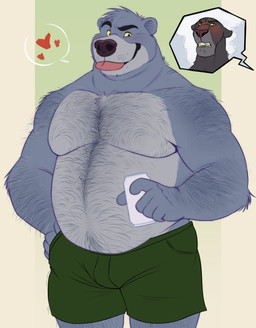 5_fingers anthro arm_hair belly_hair black_eyebrows black_nose blep blush body_hair bottomwear brown_nose can chest_hair chest_tuft clothed clothing container duo eyebrows fingers green_bottomwear green_clothing green_shorts heart_symbol holding_can holding_container holding_object looking_at_viewer looking_away male male/male musclegut muscular shorts shorts_only small_ears smile snout teeth thick_eyebrows tongue tongue_out topless tuft thediyemi the_jungle_book bagheera_(jungle_book) baloo bear felid mammal pantherine colored colored_sketch digital_drawing_(artwork) digital_media_(artwork) flat_colors hi_res sketch
