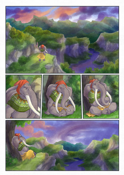 anthro biped clothing cloud day grass grey_body horn male outside plant proboscis_(anatomy) river sitting sky solo trunk_(anatomy) water bjekkergauken isilo_(bjekkergauken) elephant elephantid mammal proboscidean 2025 colored comic hi_res