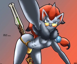 anthro bent_over clothing eyewear femboy golden_clothing gun hair jockstrap long_hair male neck_tuft nipples ottersam100 ranged_weapon reaching_towards_viewer red_hair rifle sniper_rifle solo sunglasses sunglasses_on_face tuft underwear weapon wearing_sunglasses nintendo pokemon riot_games tencent valorant maiuu generation_5_pokemon pokemon_(species) zoroark hi_res