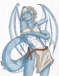 anthro biped blue_body blue_eyes blue_skin breasts clothed clothing dragon female hair hi_res horn koshkio looking_at_viewer membrane_(anatomy) membranous_wings midriff mythological_creature mythological_scalie mythology non-mammal_breasts scales scalie short_hair skimpy solo standing stripes sylvir tail the_clan tribal under_boob wings