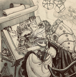 anthro beak drawing elderly fangs gown humor loose_feather multi_limb quill renaissance_architecture renaissance_clothing teeth skekla_(artist) the_dark_crystal skekayuk_the_gourmand skekekt_the_ornamentalist skekla_the_illustrator skeksil_the_chamberlain skekso_the_emperor alien skeksis herm_(lore)