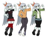 5_fingers amber_eyes anthro bone_frill boots bottomwear clothing denim denim_bottomwear denim_clothing denim_shorts eyelashes feathered_wings feathers female fingers footwear frill_(anatomy) green_clothing green_jacket green_topwear grey_body grey_hair grey_scales hair jacket long_socks looking_at_viewer peace_symbol peace_symbol_necklace red_clothing red_footwear red_socks scales shoes short_hair shorts simple_background skirt smile sneakers snout socks solo sweater topwear white_background wings spoopy's_art_slave cavemanon_studios snoot_game amber_(snoot_game) dinosaur prehistoric_species pterodactylus pterosaur reptile scalie 2024 absurd_res digital_drawing_(artwork) digital_media_(artwork) hi_res